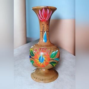 Hand Painted Wood Folk Art Vibrant Floral Vase